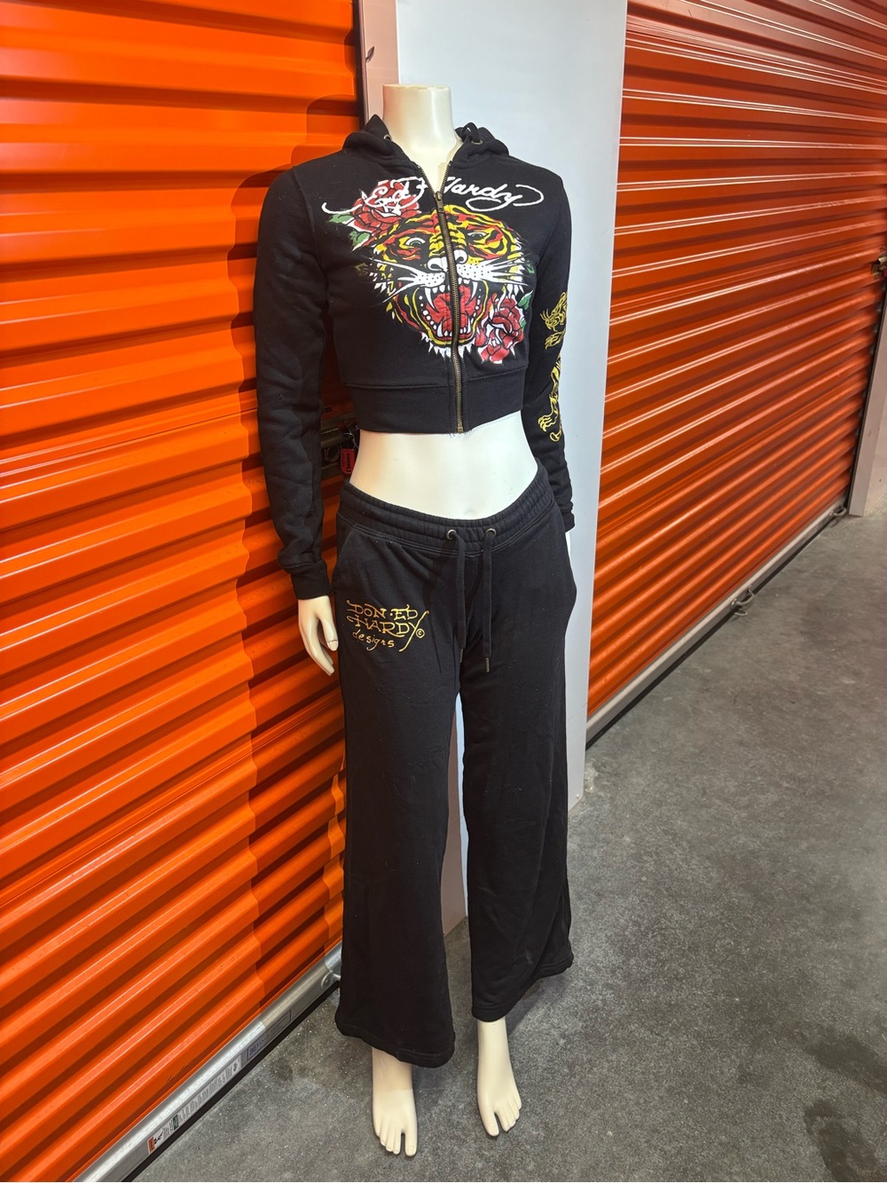 Ed Hardy Black Cropped Zip Hoodie & Wide Leg Lounge Pants with Tiger Graphic